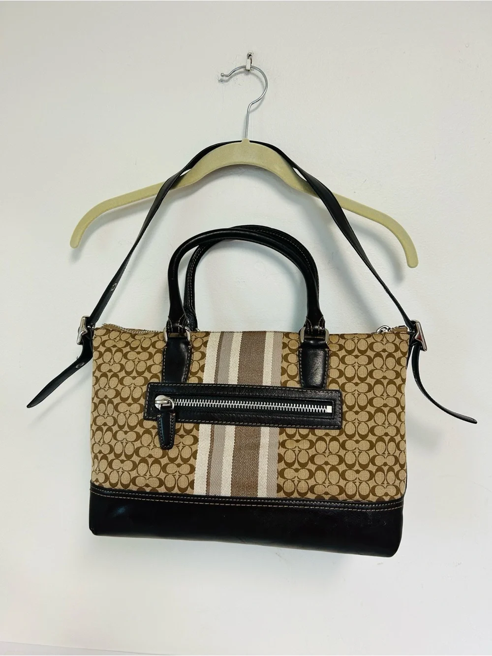 Coach NWT M1320-29622E Retired Striped East/West Satchel Leather Trim Bag
